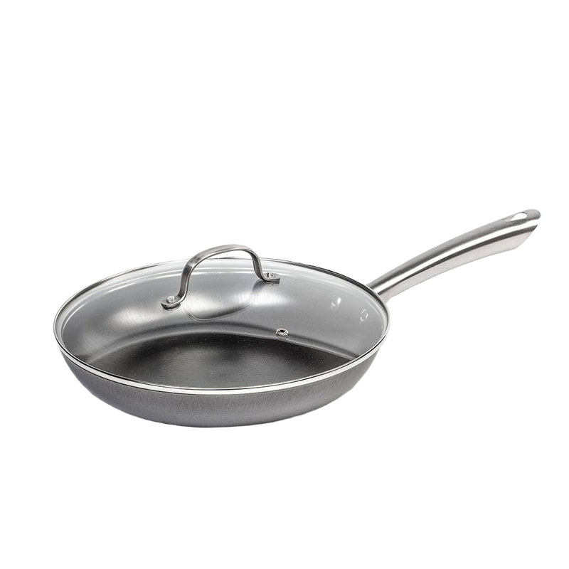 Handcrafted nitrogen-hardened cast iron skillet with a smooth stainless steel handle and glass lid, designed for Kitchen & Food, Cookware, Cast Iron, and Best Sellers collections.