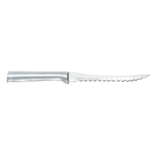 Handcrafted tomato slicer with high carbon surgical stainless steel blade and solid aluminum handle, made in USA, perfect for food prep in kitchen knives and cutting tools collections.