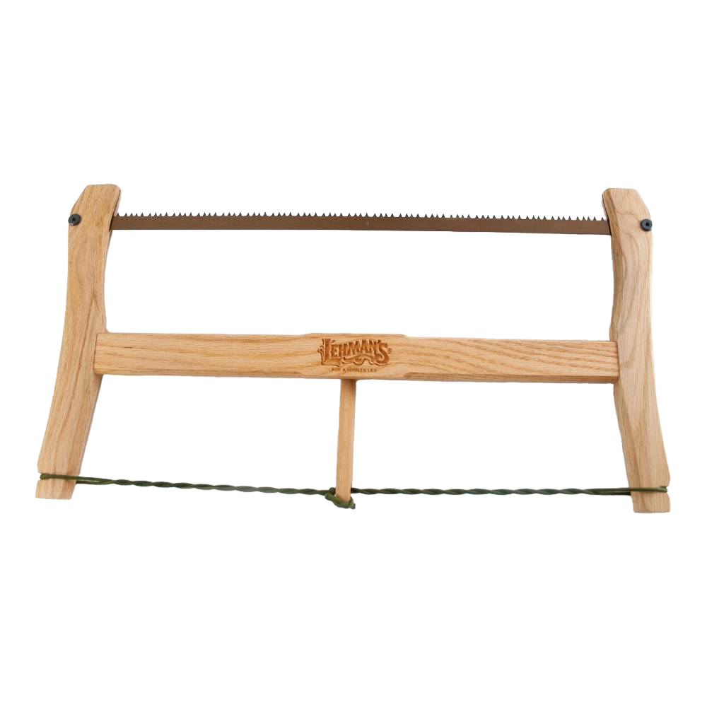 Handcrafted wooden bow saw with high carbon steel blade and engraved handle, designed for sustainable wood cutting in Farm, Garden & Tool and Wood Cutting and Hauling collections.