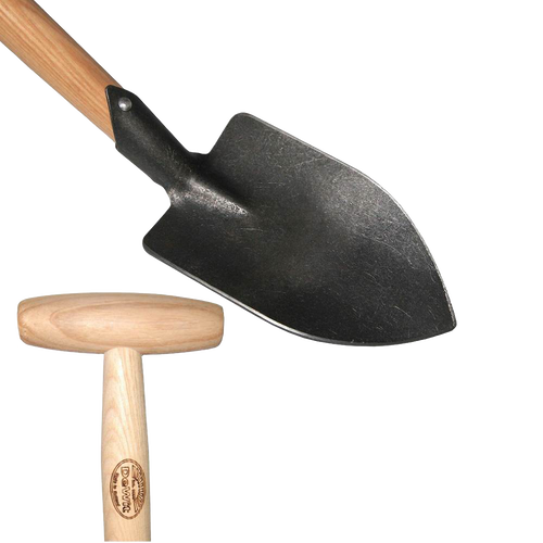 Small-sized digging shovel with a sharp, sturdy black blade and a natural wood T-handle, designed for comfortable use in Farm, Garden & Tool, Digging and Cultivating, and Garden Accessories collections.