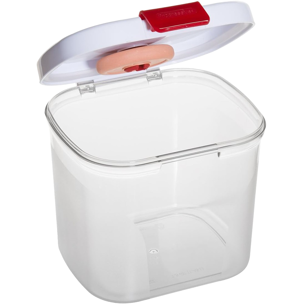 Clear BPA-free plastic container with a white snap-shut lid featuring a terra cotta moisture control disc inside, designed for keeping brown sugar fresh, part of Kitchen & Food and Storage and Serving collections.