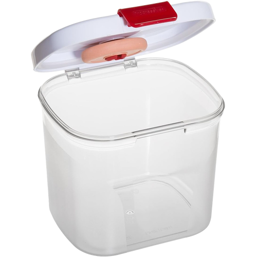 Clear BPA-free plastic container with a white snap-shut lid featuring a terra cotta moisture control disc inside, designed for keeping brown sugar fresh, part of Kitchen & Food and Storage and Serving collections.