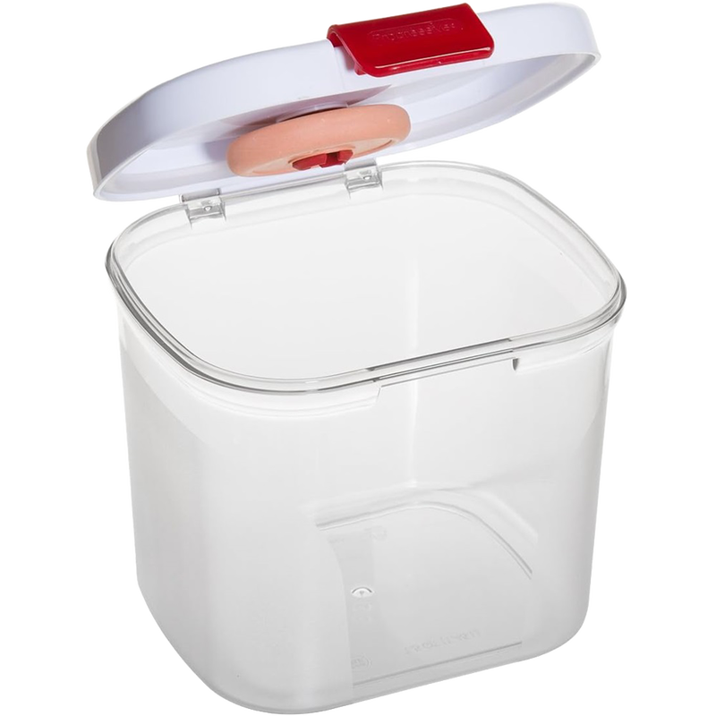 Clear BPA-free plastic container with a white snap-shut lid featuring a terra cotta moisture control disc inside, designed for keeping brown sugar fresh, part of Kitchen & Food and Storage and Serving collections.