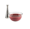 Clear glass bowl filled with freshly made fruit puree next to a tall stainless steel strainer, designed for efficient food preparation in Kitchen & Food and Food Mills collections.