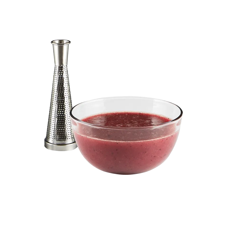 Clear glass bowl filled with freshly made fruit puree next to a tall stainless steel strainer, designed for efficient food preparation in Kitchen & Food and Food Mills collections.