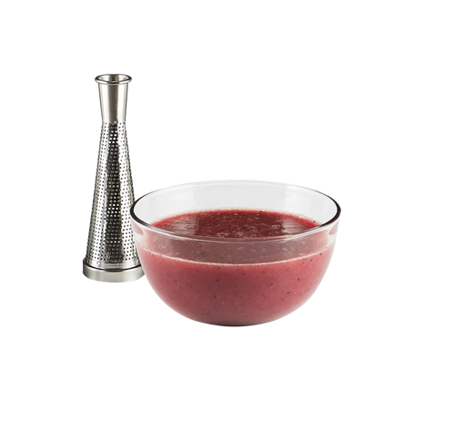 Clear glass bowl filled with freshly made fruit puree next to a tall stainless steel strainer, designed for efficient food preparation in Kitchen & Food and Food Mills collections.