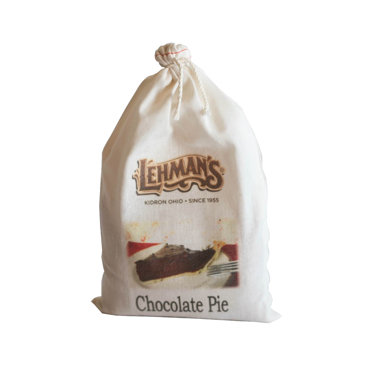Soft cloth drawstring bag featuring Lehman's branding and image of a rich chocolate pie slice, ideal for Kitchen & Food, Snacks and Sweets, Dry Goods and Mixes, and Best Sellers collections.