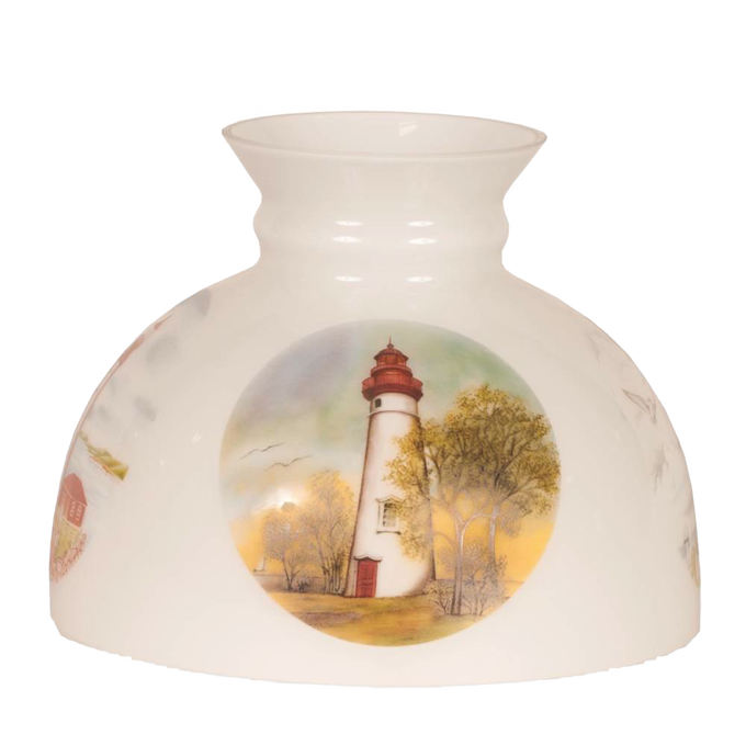 Opaque white glass lamp shade featuring a painted lighthouse scene with trees and birds, designed to soften light for Aladdin oil lamps, ideal for Lamps & Lighting and Lamp Shades collections.