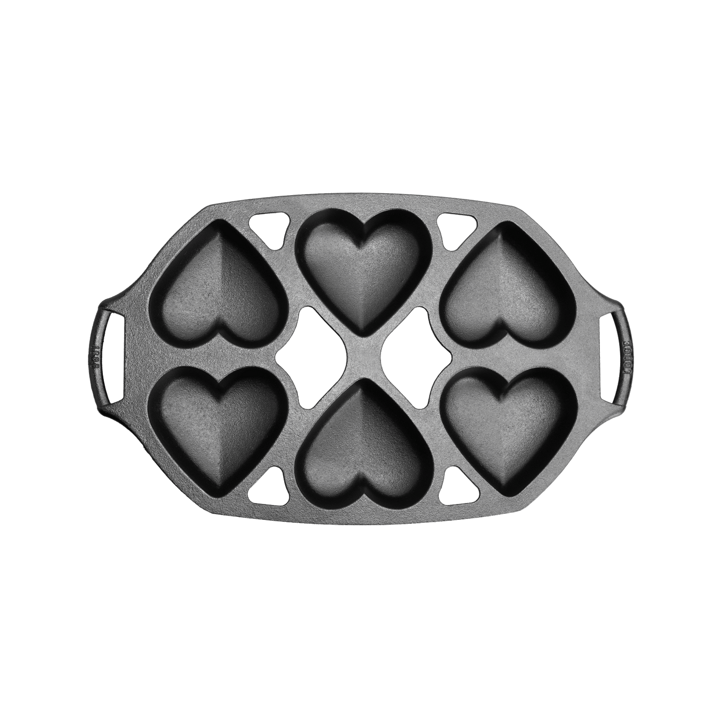 Cast iron mini cake pan with six heart-shaped cavities, designed for baking petite cakes, handcrafted in USA, featured in Kitchen & Food, Cookware, Cast Iron, and Baking Supplies collections.