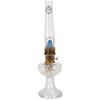 Clear handcrafted oil lamp with USA-made glass font and brass burner, featuring a blue mantle, ideal for Lamps & Lighting, Oil Lamps, Table Lamps, Best Sellers, and Promo Eligible collections.