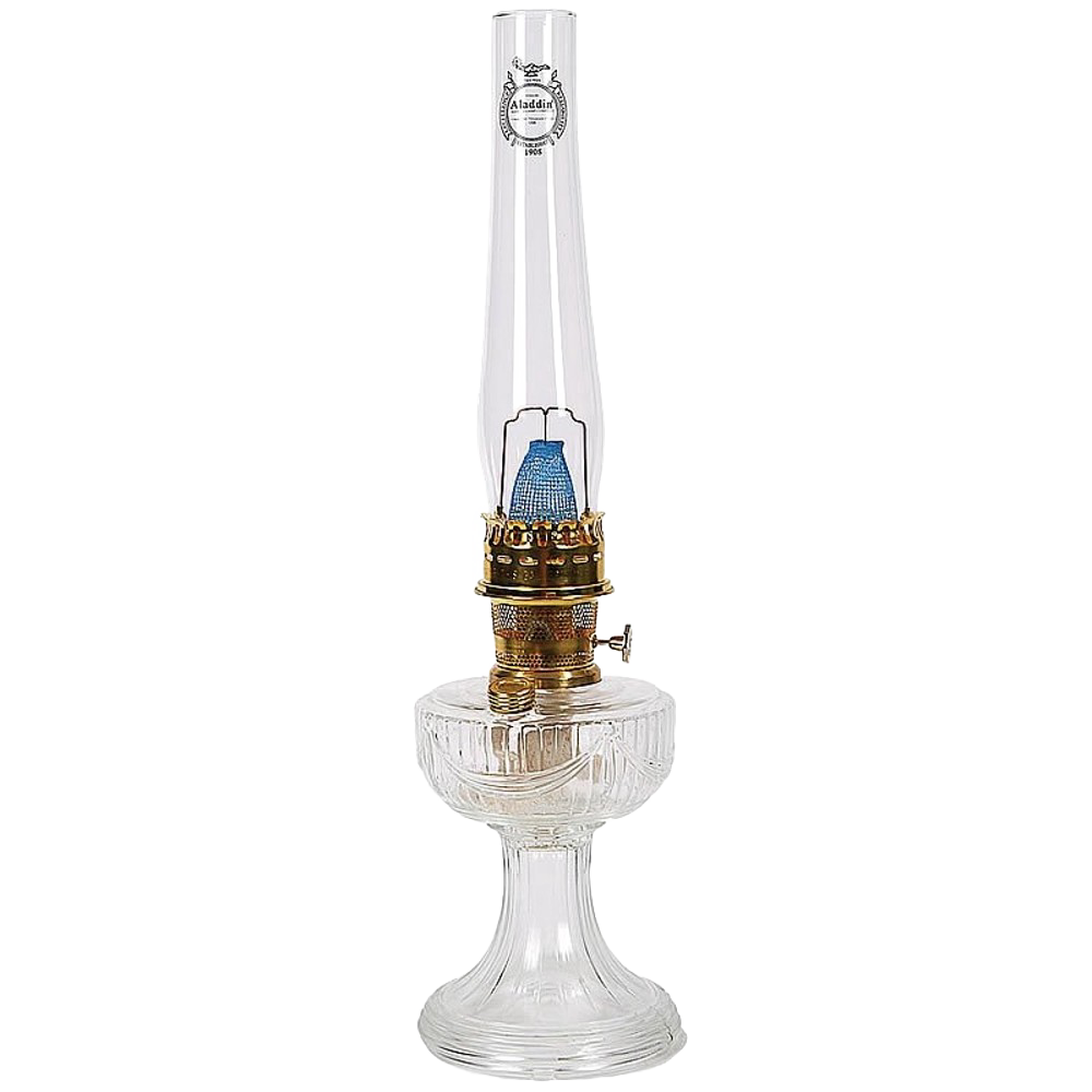 Clear handcrafted oil lamp with USA-made glass font and brass burner, featuring a blue mantle, ideal for Lamps & Lighting, Oil Lamps, Table Lamps, Best Sellers, and Promo Eligible collections.