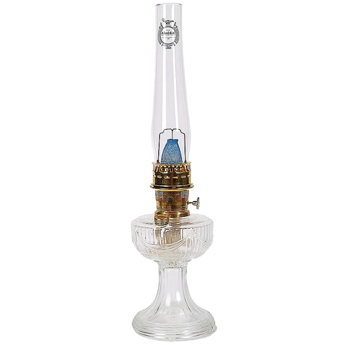 Clear handcrafted oil lamp with USA-made glass font and brass burner, featuring a blue mantle, ideal for Lamps & Lighting, Oil Lamps, Table Lamps, Best Sellers, and Promo Eligible collections.