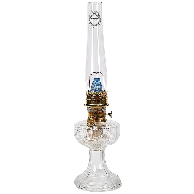Clear handcrafted oil lamp with USA-made glass font and brass burner, featuring a blue mantle, ideal for Lamps & Lighting, Oil Lamps, Table Lamps, Best Sellers, and Promo Eligible collections.