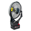 Compact 9-inch portable fan with black metal frame and protective wire guard, powered by a rechargeable Milwaukee M18 lithium-ion battery, ideal for Home & Decor and Emergency Supplies collections.