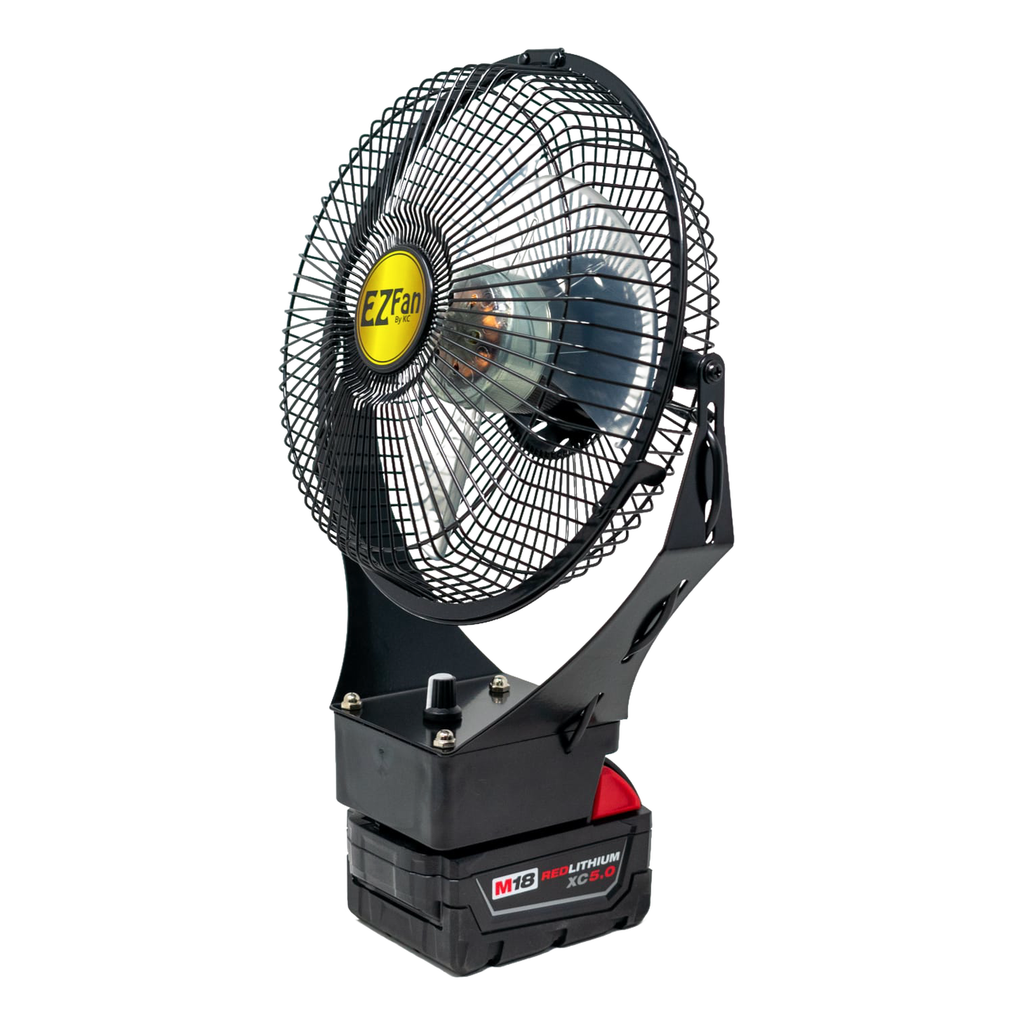 Compact 9-inch portable fan with black metal frame and protective wire guard, powered by a rechargeable Milwaukee M18 lithium-ion battery, ideal for Home & Decor and Emergency Supplies collections.