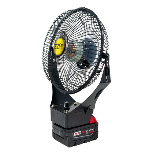 Compact 9-inch portable fan with black metal frame and protective wire guard, powered by a rechargeable Milwaukee M18 lithium-ion battery, ideal for Home & Decor and Emergency Supplies collections.