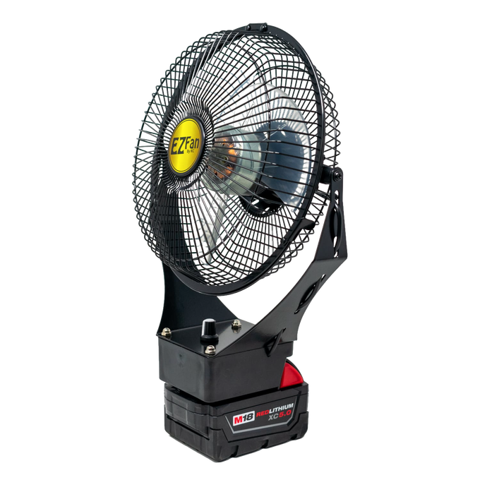 Compact 9-inch portable fan with black metal frame and protective wire guard, powered by a rechargeable Milwaukee M18 lithium-ion battery, ideal for Home & Decor and Emergency Supplies collections.