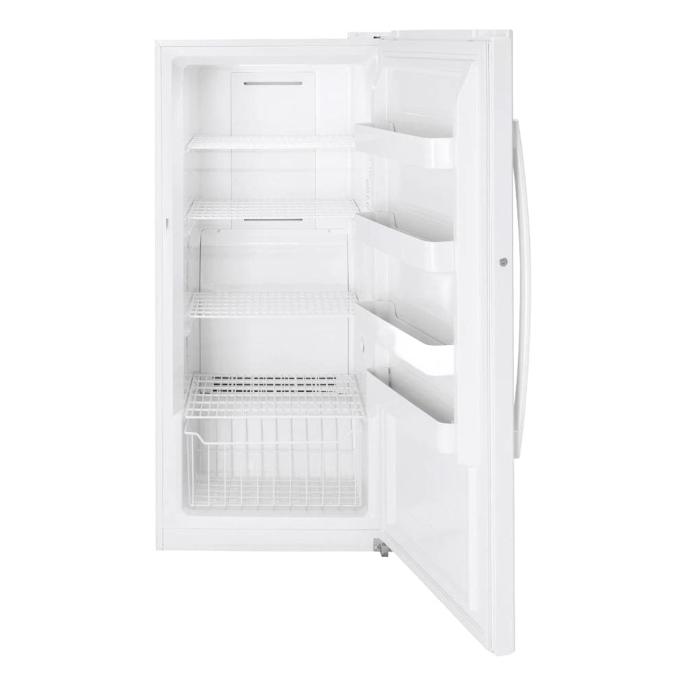 Open upright freezer with wire shelves and door bins, showcasing spacious interior designed for efficient storage, handcrafted and Amish made in the USA for reliable use in Appliances and Best Sellers collections.