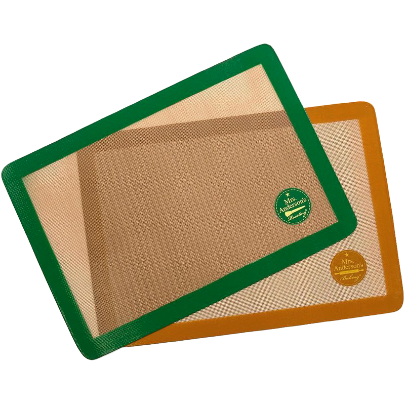 Set of two non-stick silicone half-size baking mats with woven glass fibers, featuring green and orange borders for versatile use in baking and roasting, ideal for Kitchen & Food and Baking Supplies collections.