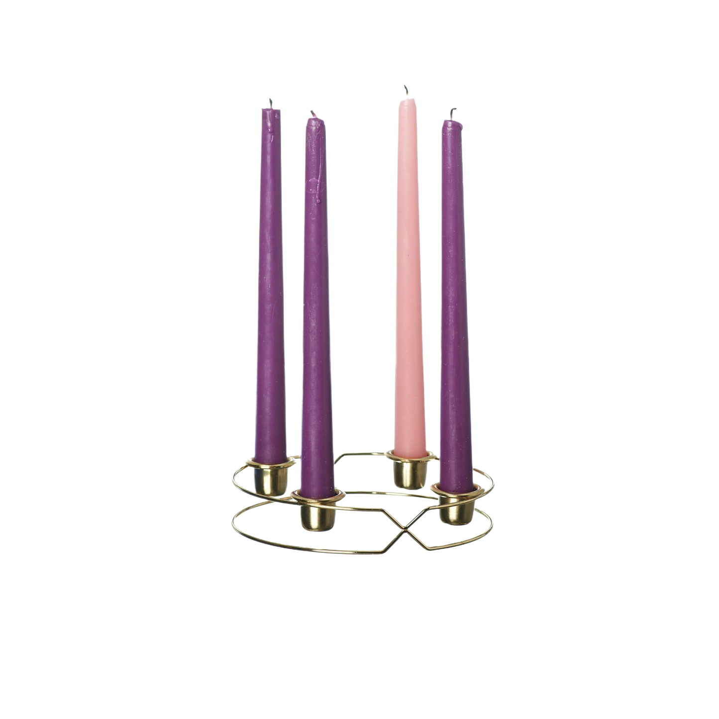 Handcrafted set of four Advent taper candles in three rich purple shades and one soft pink, displayed in a minimalist gold metal holder, perfect for Home & Decor, Holiday Decor, Candles, Best Sellers, and Promo Eligible collections.