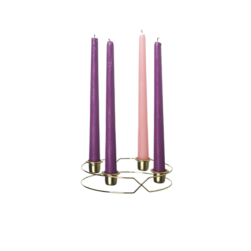 Handcrafted set of four Advent taper candles in three rich purple shades and one soft pink, displayed in a minimalist gold metal holder, perfect for Home & Decor, Holiday Decor, Candles, Best Sellers, and Promo Eligible collections.