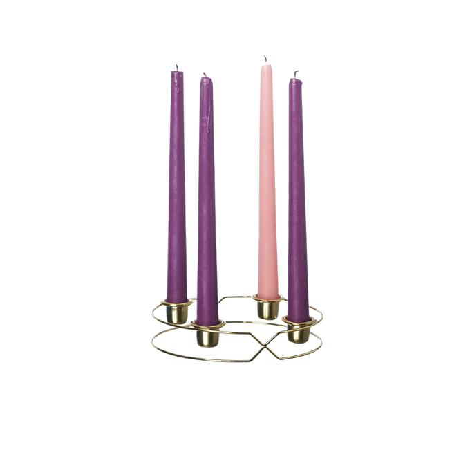 Handcrafted set of four Advent taper candles in three rich purple shades and one soft pink, displayed in a minimalist gold metal holder, perfect for Home & Decor, Holiday Decor, Candles, Best Sellers, and Promo Eligible collections.