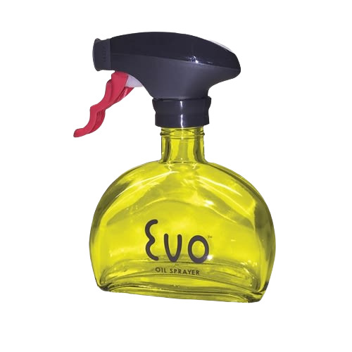 Clear yellow glass sprayer bottle with black and red plastic trigger head, designed for precise, reusable oil application in kitchen, cookware, and baking supplies collections.