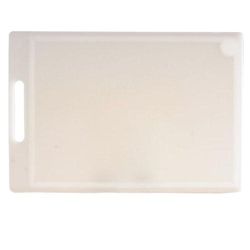 White high-density plastic cutting board featuring a convenient handle, with one grooved side to catch juices and a smooth side for versatile food prep in Kitchen & Food and Food Prep collections.