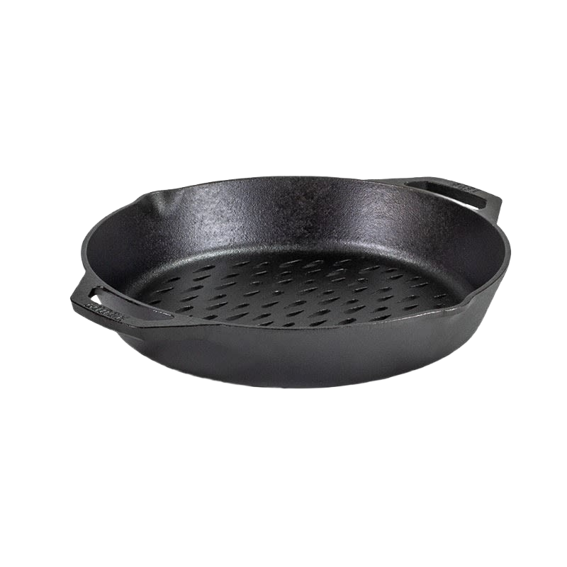 12-inch black cast iron grilling basket with dual handles and perforated teardrop holes, designed for easy flipping and grilling vegetables and fish, featured in Kitchen & Food, Cookware, Cast Iron, Grilling, and Best Sellers collections.