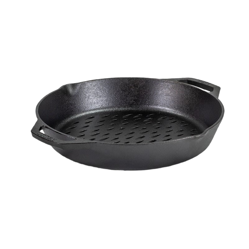 12-inch black cast iron grilling basket with dual handles and perforated teardrop holes, designed for easy flipping and grilling vegetables and fish, featured in Kitchen & Food, Cookware, Cast Iron, Grilling, and Best Sellers collections.