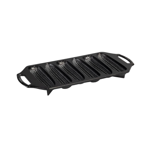 Seasoned cast iron cornstick pan with six ear-of-corn shaped molds, featuring dual handles and angled feet for oven stability, made in USA for Kitchen & Food, Cookware, Cast Iron, Best Sellers, and Promo Eligible collections.