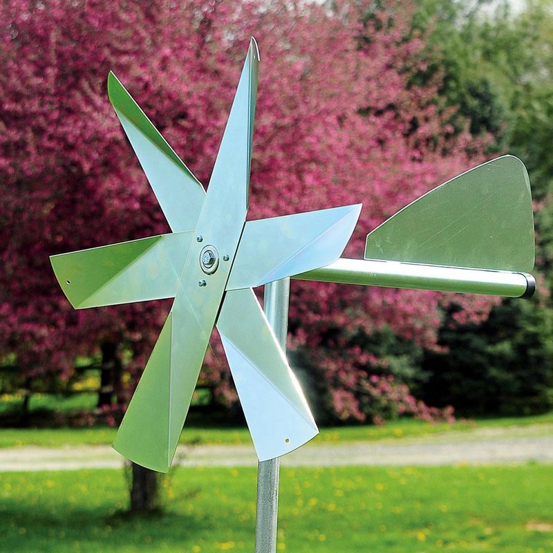 Unique handcrafted mole deterrent windmill with polished galvanized steel blades and tail, designed for humane pest control in Farm, Garden & Tool, Lawncare, and Best Sellers collections.