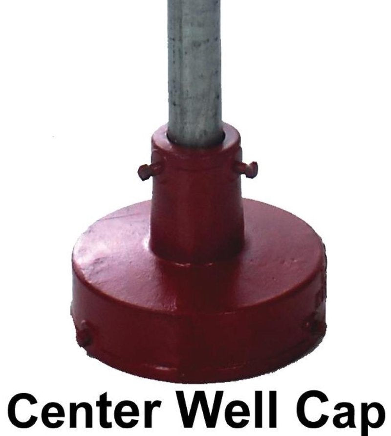 Red cast iron center well cap with attached metal pipe, designed for durable use in water pump and deep well pump applications within USA Made and appliances collections.