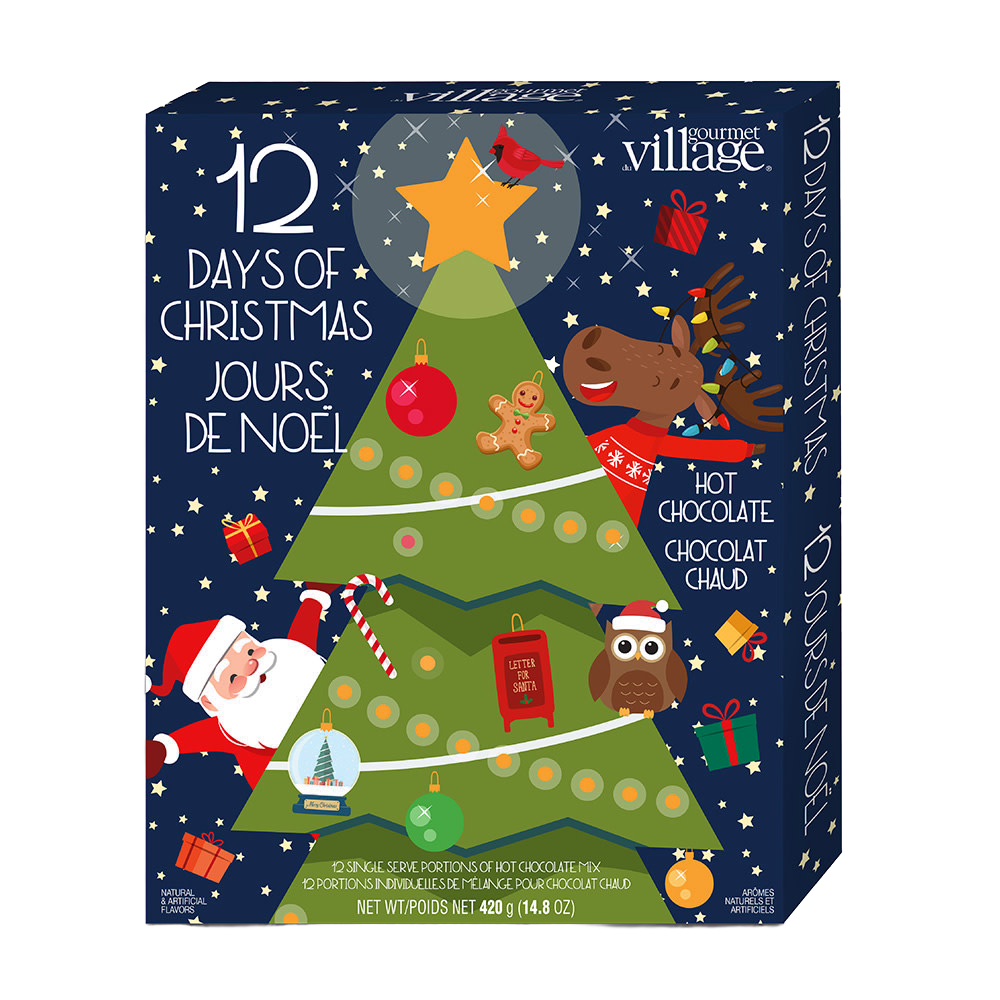 Festive 12 Days of Hot Chocolate Advent Calendar with 12 single-serve holiday-flavored hot chocolate mixes, handcrafted for cozy enjoyment, ideal for Kitchen & Food, Snacks and Sweets, and Beverages collections.