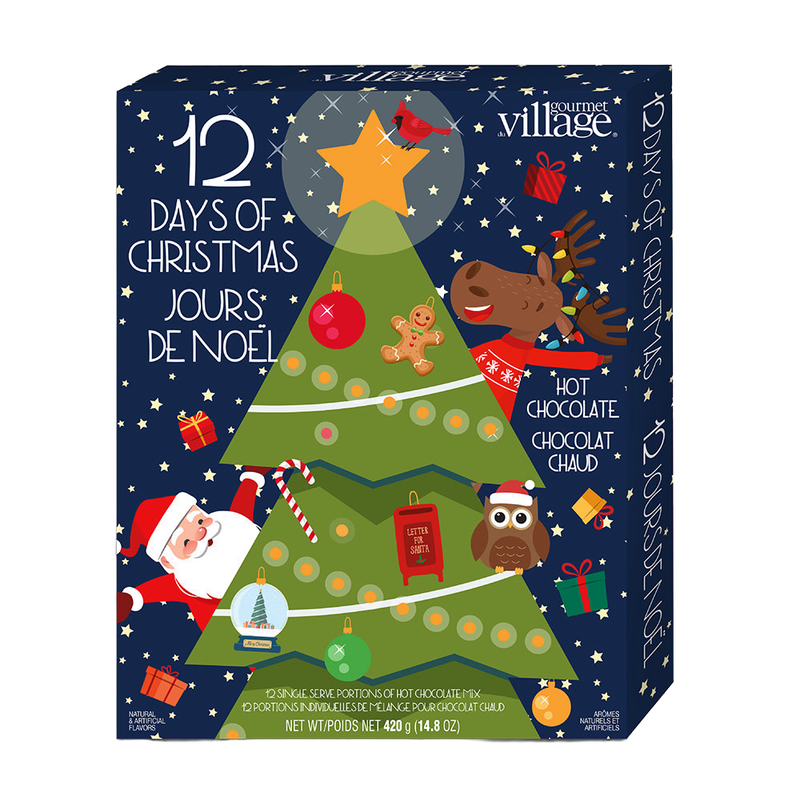 Festive 12 Days of Hot Chocolate Advent Calendar with 12 single-serve holiday-flavored hot chocolate mixes, handcrafted for cozy enjoyment, ideal for Kitchen & Food, Snacks and Sweets, and Beverages collections.