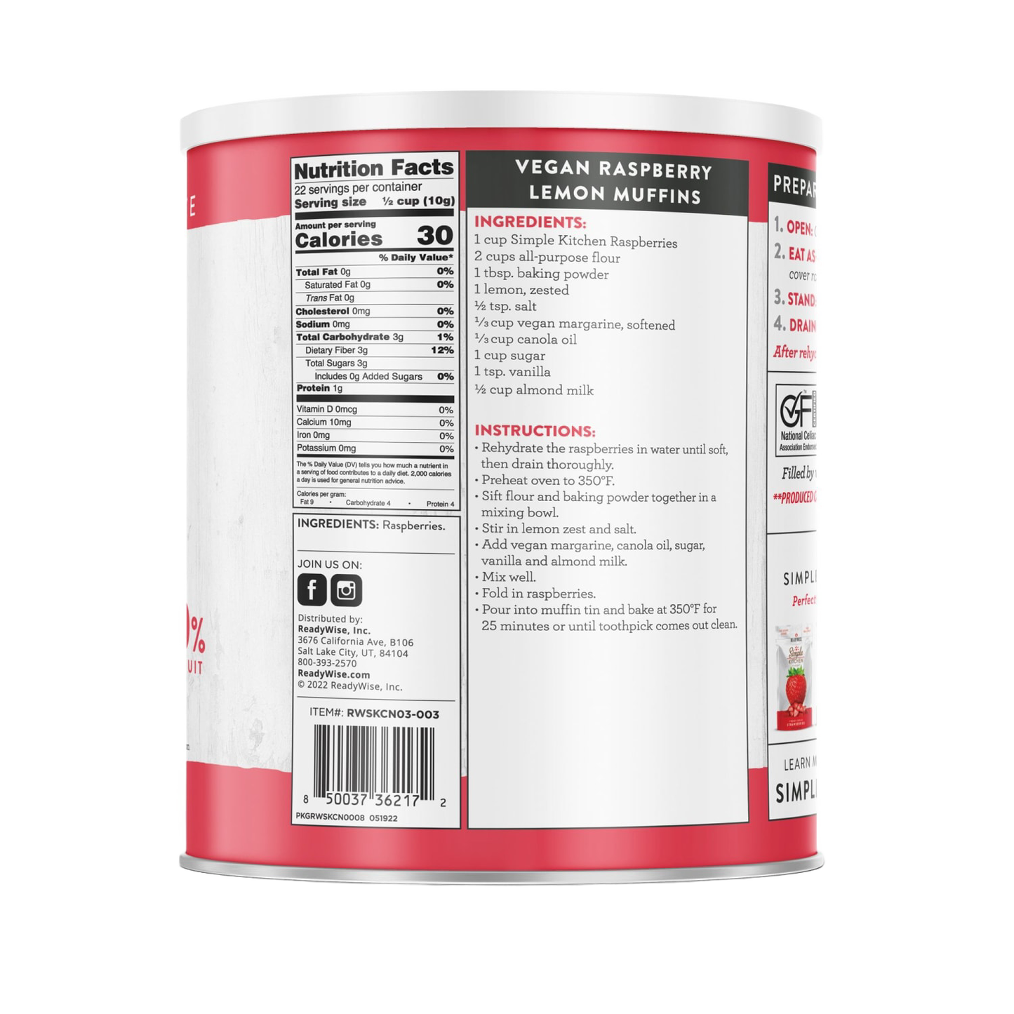 Back view of a #10 can showing detailed nutrition facts, ingredients list featuring raspberries, and vegan raspberry lemon muffin recipe, part of Kitchen & Food and Emergency Supplies collections.
