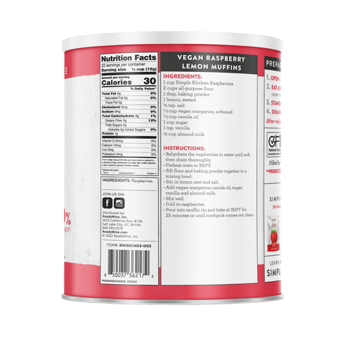 Back view of a #10 can showing detailed nutrition facts, ingredients list featuring raspberries, and vegan raspberry lemon muffin recipe, part of Kitchen & Food and Emergency Supplies collections.