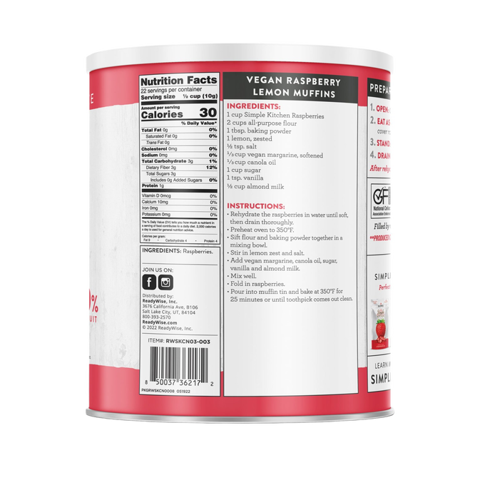 Back view of a #10 can showing detailed nutrition facts, ingredients list featuring raspberries, and vegan raspberry lemon muffin recipe, part of Kitchen & Food and Emergency Supplies collections.