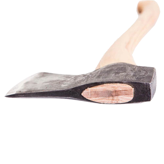 Close-up of a handcrafted Scandinavian forest axe head with a smooth wooden handle, perfect for Farm, Garden & Tool, Knives & Axes, Axes, Wood Cutting and Hauling, Best Sellers, and Promo Eligible collections.