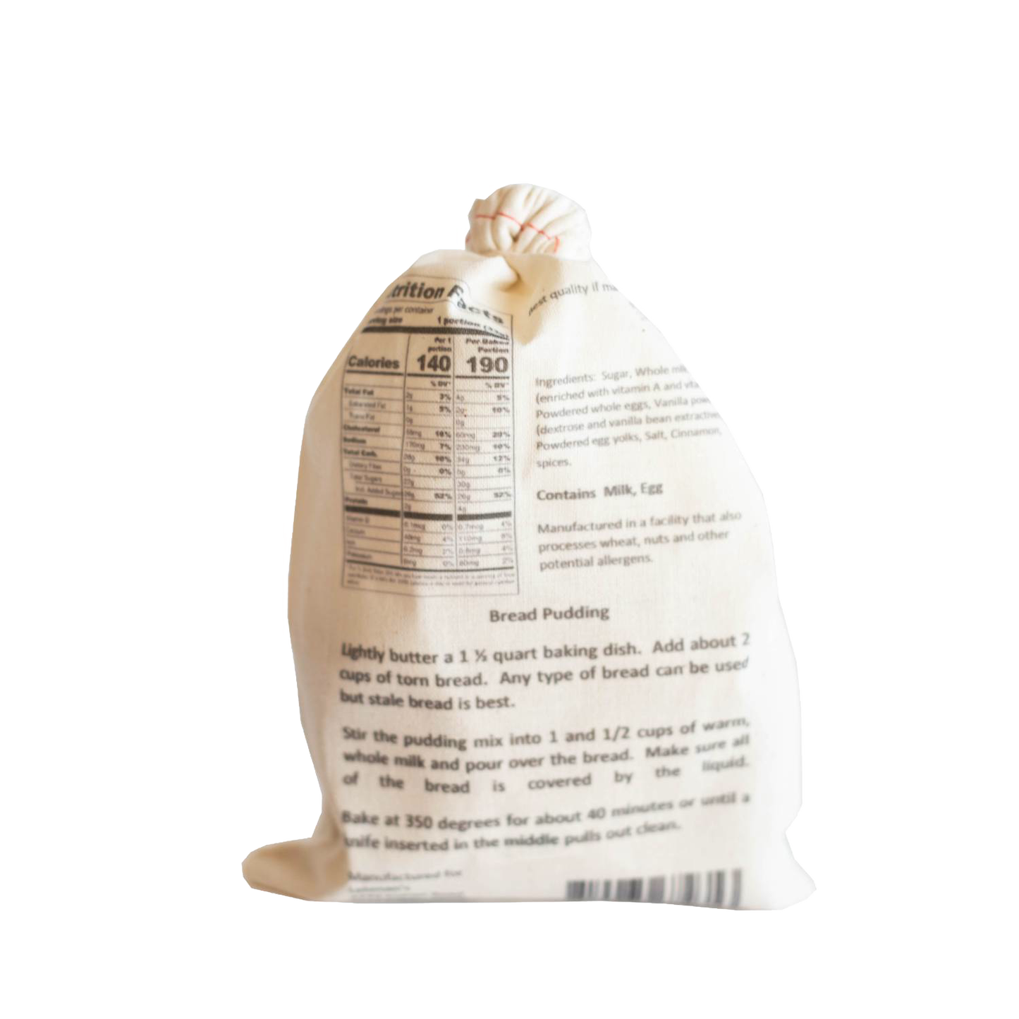 Natural fabric drawstring bag showcasing handcrafted bread pudding mix with cooking instructions and nutrition details, perfect for Kitchen & Food, Pantry, Dry Goods and Mixes, Best Sellers, Promo Eligible collections.