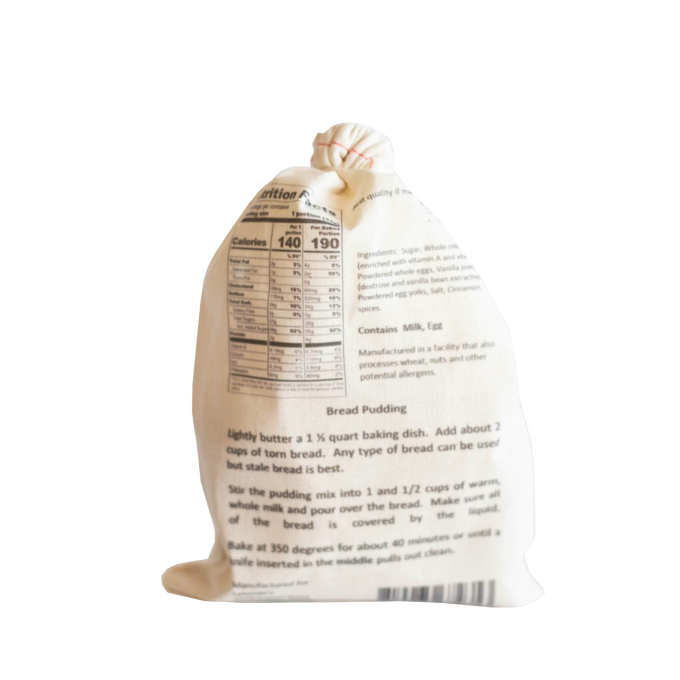 Natural fabric drawstring bag showcasing handcrafted bread pudding mix with cooking instructions and nutrition details, perfect for Kitchen & Food, Pantry, Dry Goods and Mixes, Best Sellers, Promo Eligible collections.