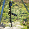 Coated steel adjustable trammel hook hanging from a tripod with multiple notches for height control, designed for outdoor campfire cooking, featured in Farm, Garden & Tool and Camping collections.