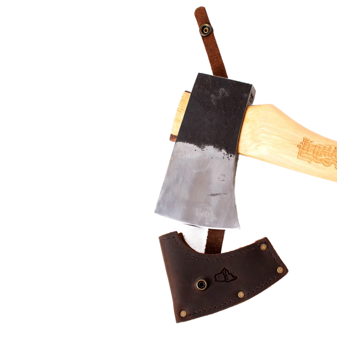 Handcrafted compact belt axe with a sharp carbon steel head, smooth Amish-made hickory handle, and protective brown leather sheath, featured in Farm, Garden & Tool and USA Made collections.
