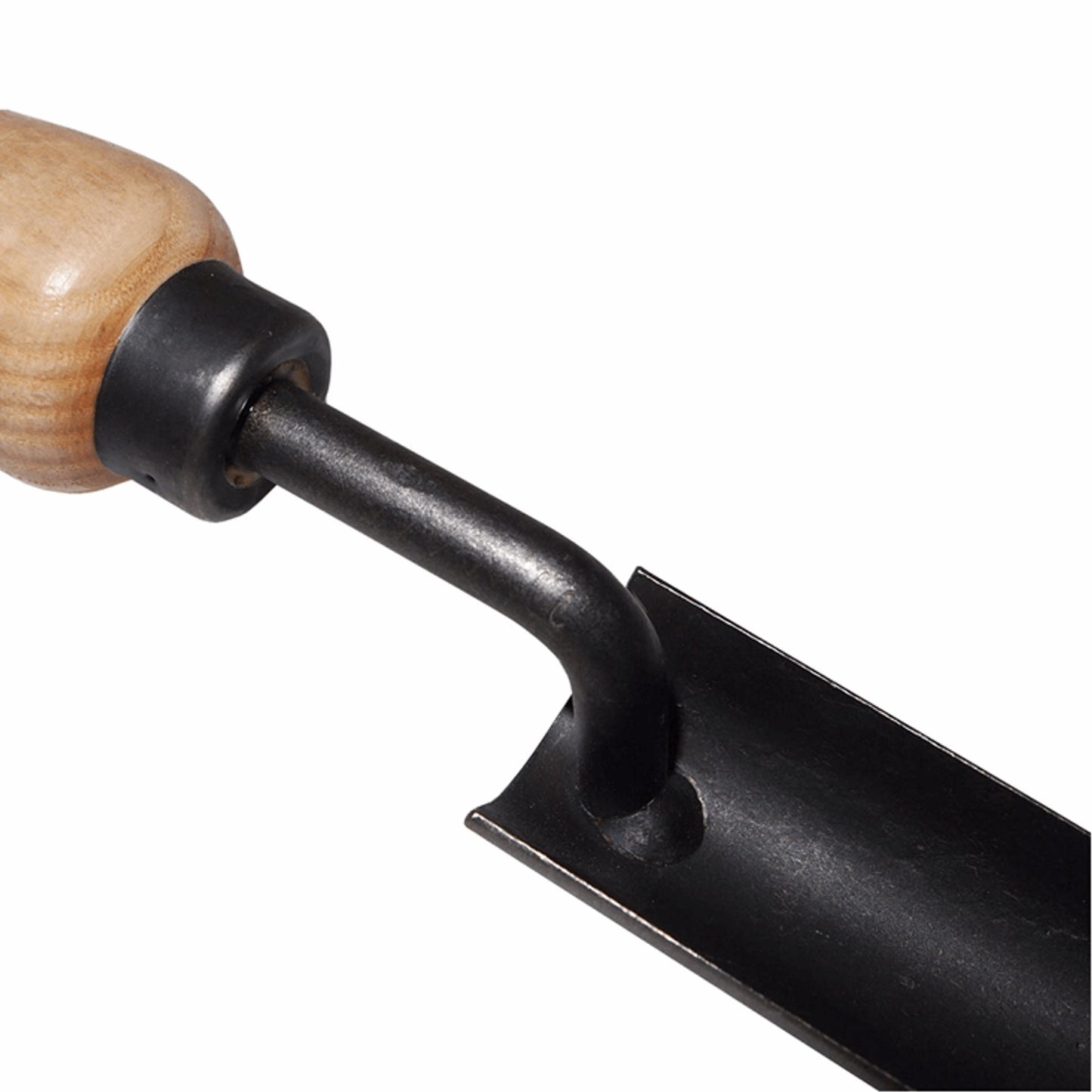 Close-up of a handcrafted hand tool with an ash wood handle and a slender, curved metal blade designed for digging out deep roots, perfect for Farm, Garden & Tool and Digging and Cultivating collections.