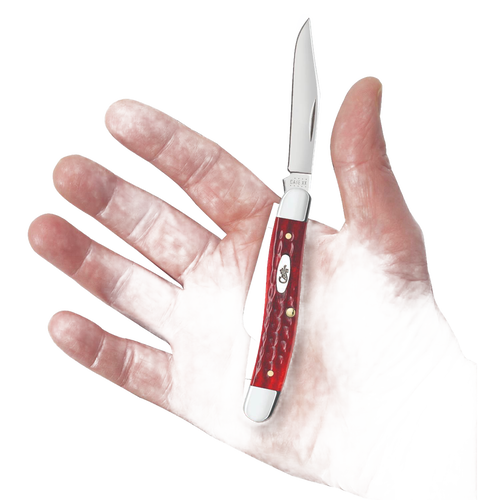Handheld traditional medium stockman pocket knife with a red bone handle, handcrafted in the USA, featured in Farm, Garden & Tool, Hand Tools and Hardware, and Knives & Axes collections.