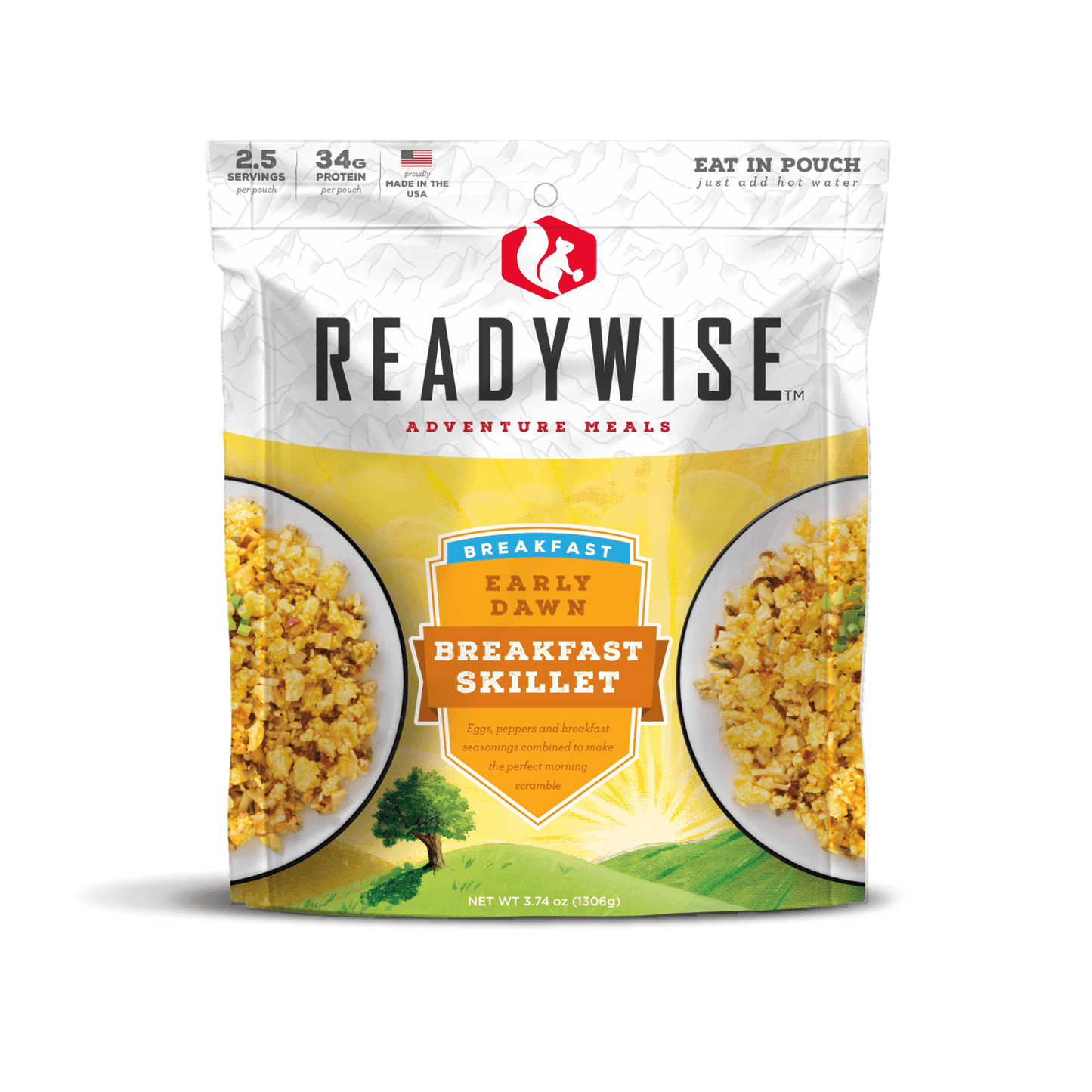 ReadyWise Early Dawn Breakfast Skillet meal pouch showcasing a high-protein, made in USA portable breakfast option for camping, emergency supplies, and outdoor adventures.
