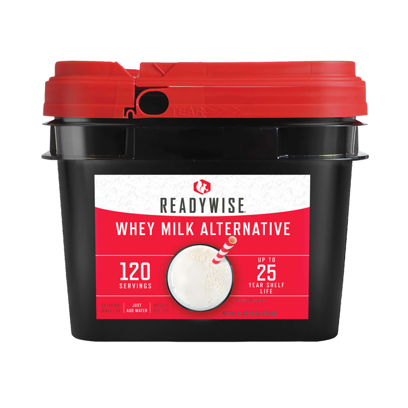 Black container with a red lid holding 120 servings of dairy-free whey milk alternative, boasting up to 25 years shelf life, ideal for emergency supplies in USA Made and Farm, Garden & Tool collections.