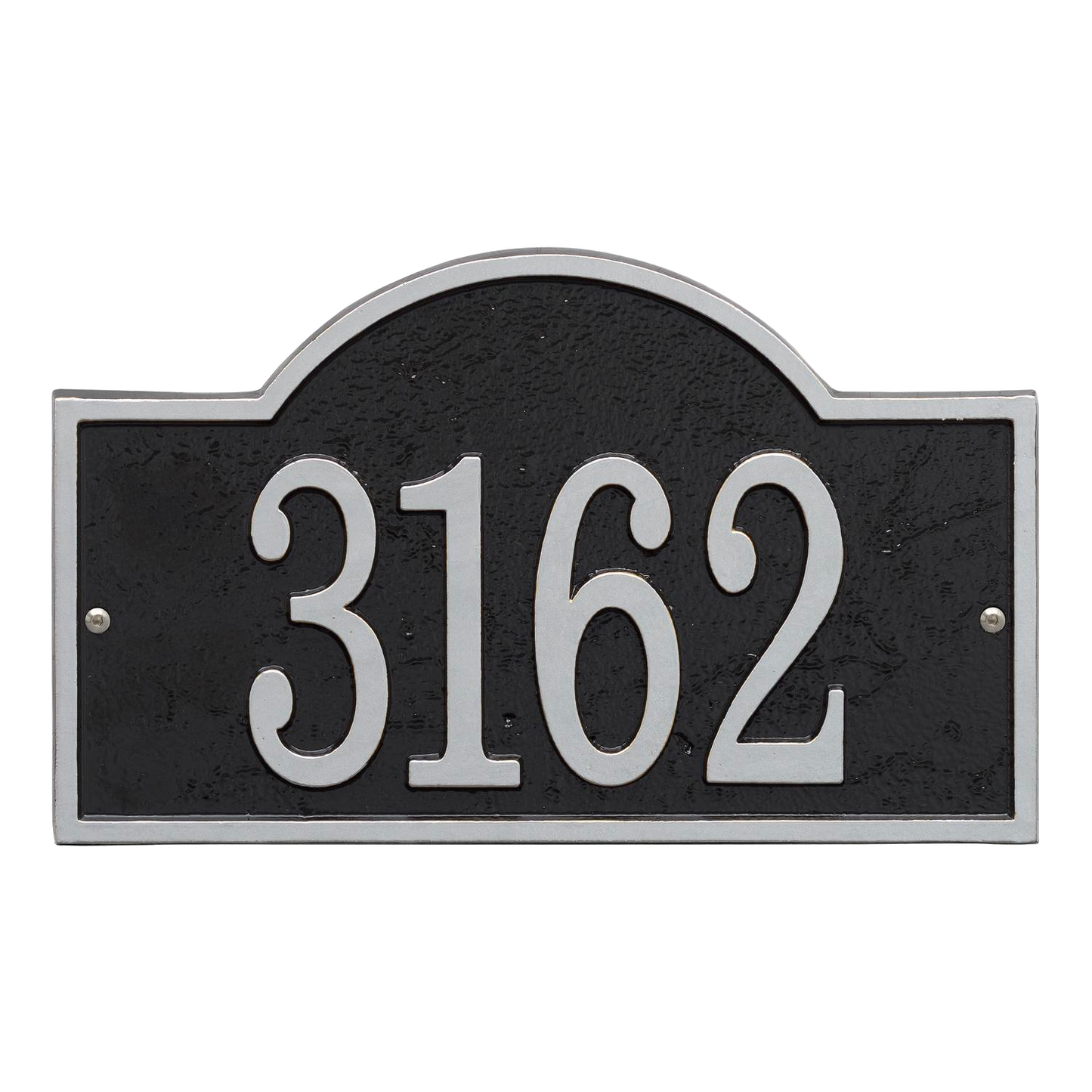 Handcrafted black address plaque with silver arched rectangular border and raised numbers, made in USA, perfect for Home & Decor, Mailboxes and Address Signs collections.