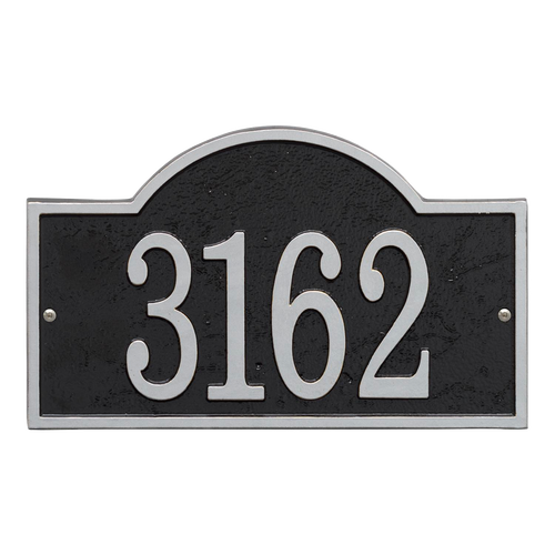 Handcrafted black address plaque with silver arched rectangular border and raised numbers, made in USA, perfect for Home & Decor, Mailboxes and Address Signs collections.