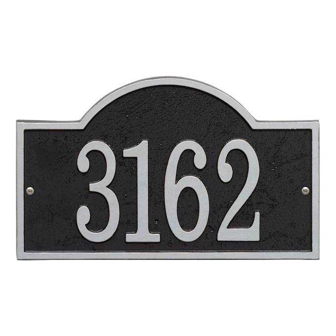 Handcrafted black address plaque with silver arched rectangular border and raised numbers, made in USA, perfect for Home & Decor, Mailboxes and Address Signs collections.